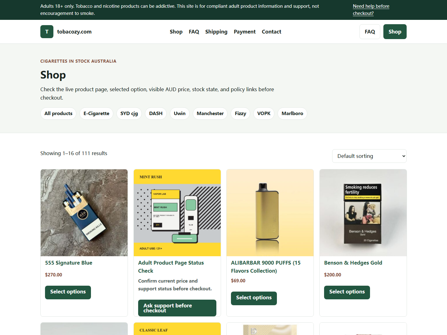 Tobacozy shop or product list used for live page verification