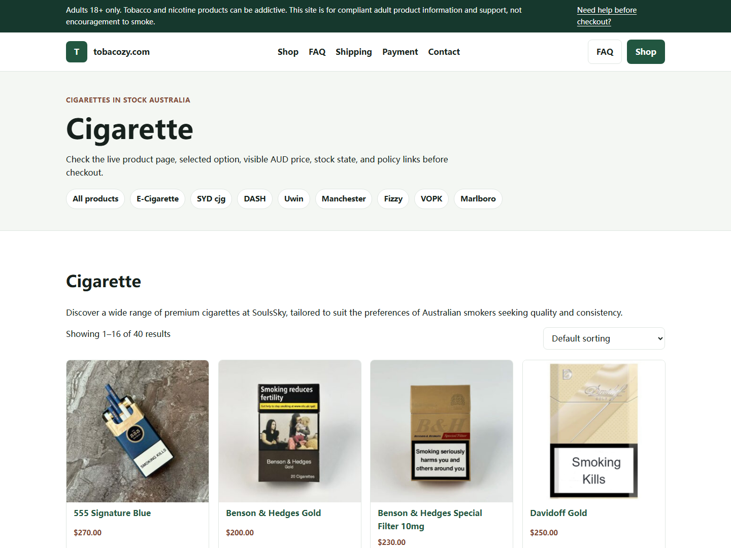 Tobacozy policy or FAQ page used before adult checkout