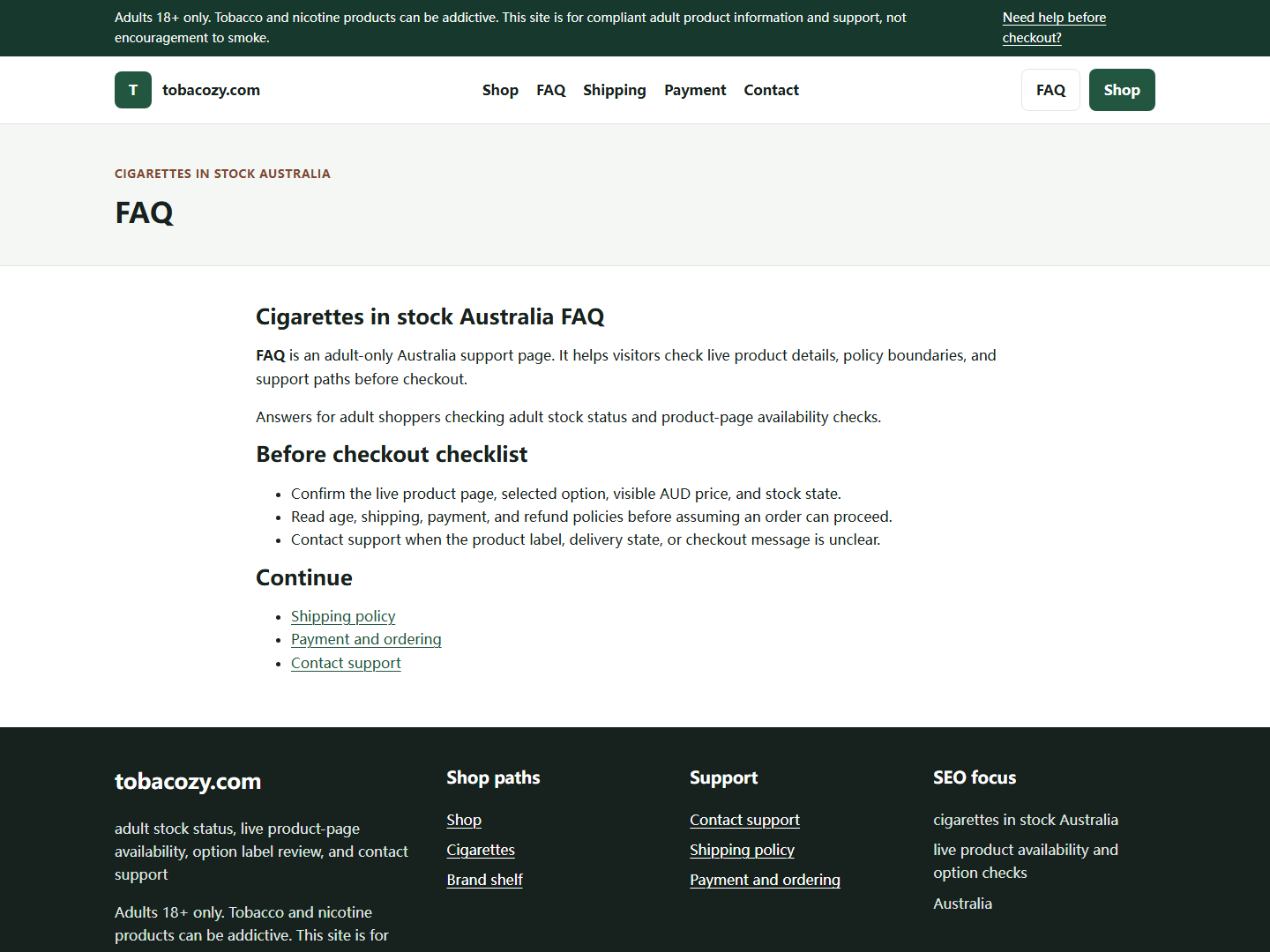 Tobacozy support path for cigarettes in stock Australia